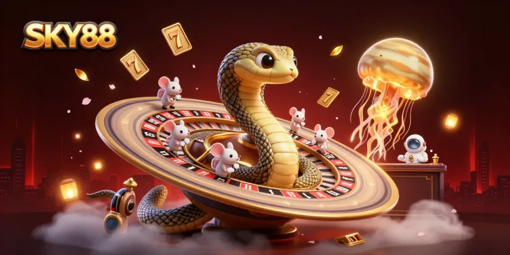 Experience thrilling bets with SKY88 in a vibrant 3D casino world featuring unique characters and dynamic elements.