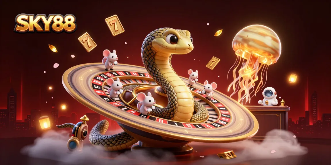 Experience thrilling bets with SKY88 in a vibrant 3D casino world featuring unique characters and dynamic elements.