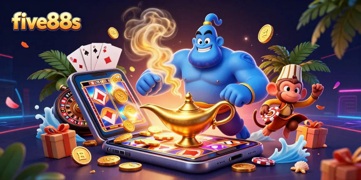 Experience five88s with an engaging casino scene featuring a genie, poker chips, and a smartphone!