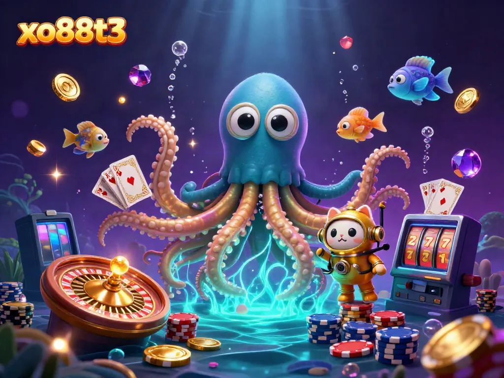 Experience the excitement of xo88t3 with a kraken and diving cat in a treasure-filled scene.