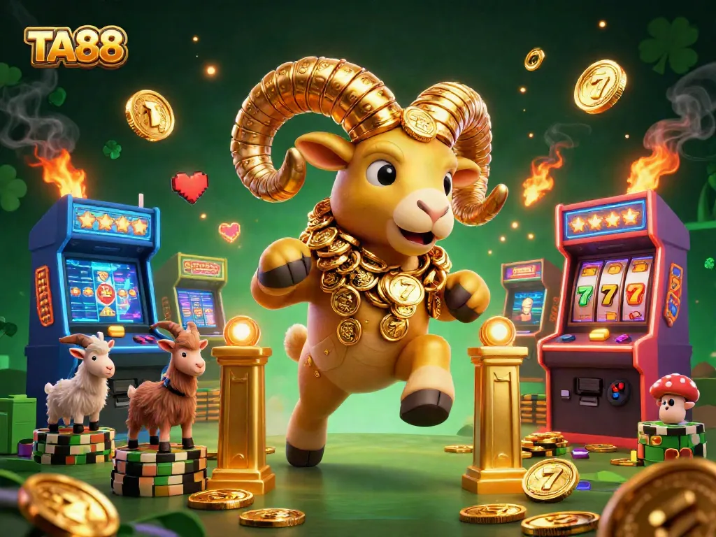 TA88 players engaging in lively slot games with a 3D golden ram mascot at a vibrant casino.