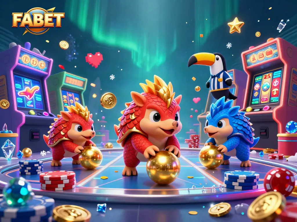 Engage in thrilling gameplay with FABET as rival pangolins compete amidst casino elements and vibrant visuals.