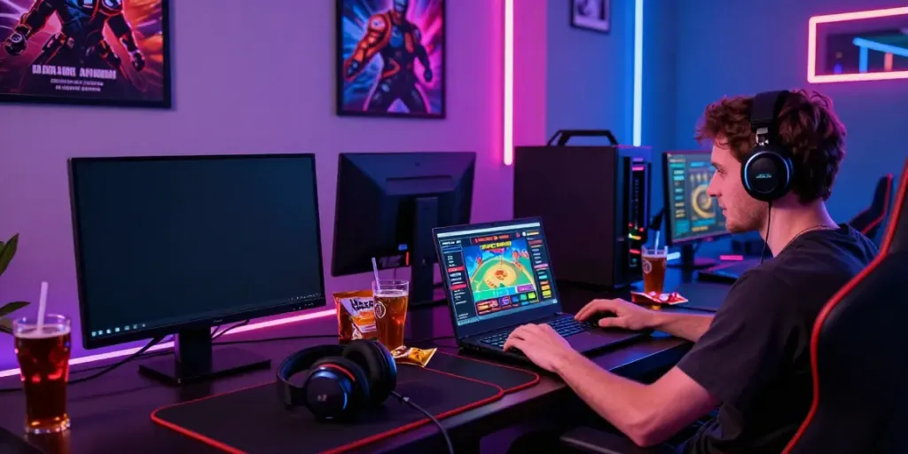 A gamer enjoying non GamStop casinos gameplay in a neon-lit room.