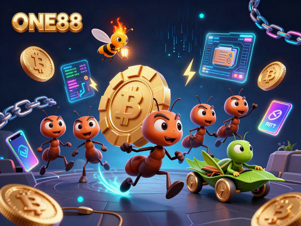 ONE88 features a cartoon heist with ants and a grasshopper driver among Bitcoin and Ethereum coins.