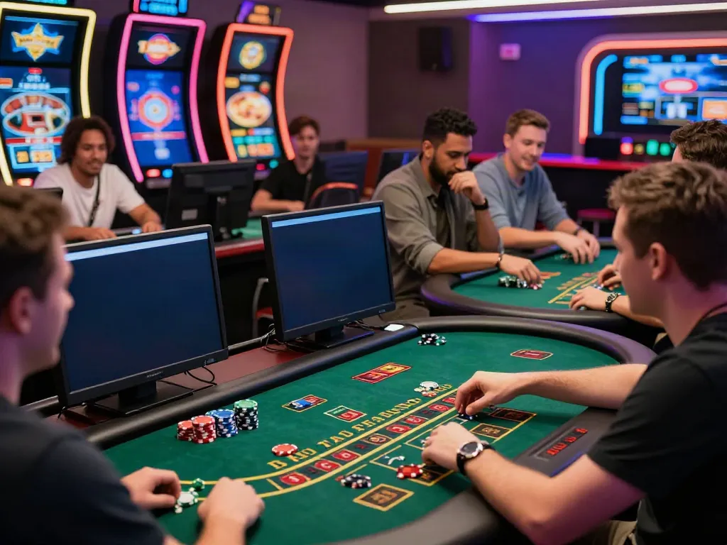 Diverse players enjoying games at engaging non GamStop casinos, showcasing a lively online gaming atmosphere with colorful screens and chips.