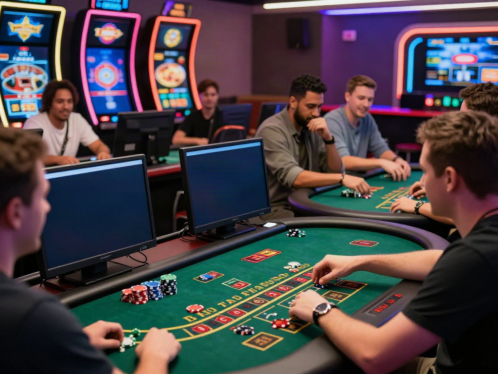 Diverse players enjoying games at engaging non GamStop casinos, showcasing a lively online gaming atmosphere with colorful screens and chips.