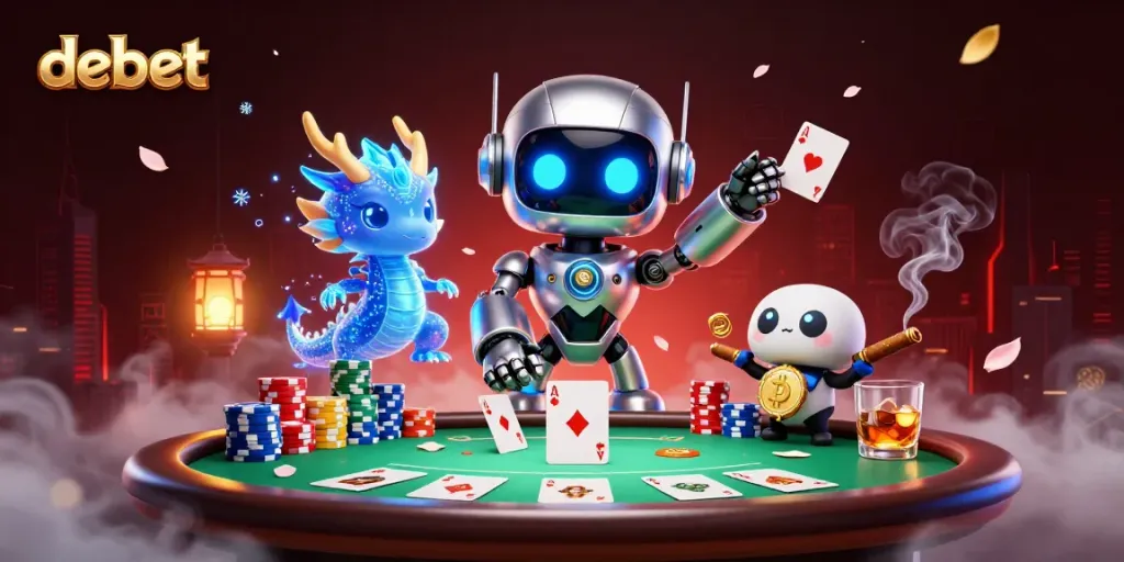 Join the debet poker challenge with a cyberpunk robot, AI dragon, and bitcoin drone.
