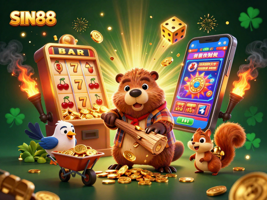 SIN88's vibrant online casino experience illustrated, showcasing a beaver and friends amidst casino games.
