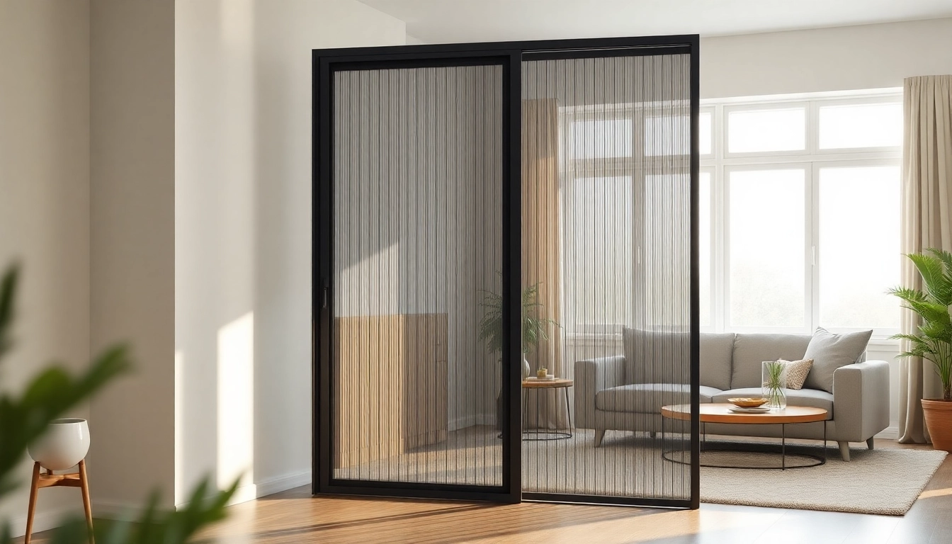 Sliding pleated fly screen door enhances style and functionality in a bright room.