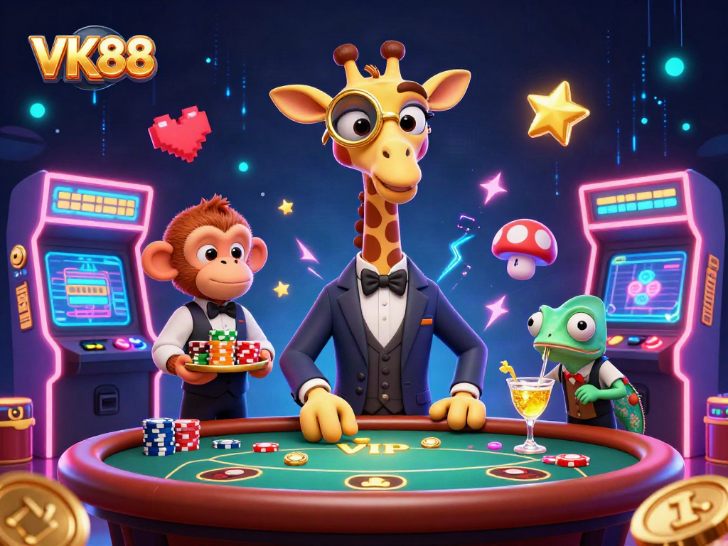 Experience vibrant VK88 gameplay with a giraffe in a tuxedo at a lively casino scene.