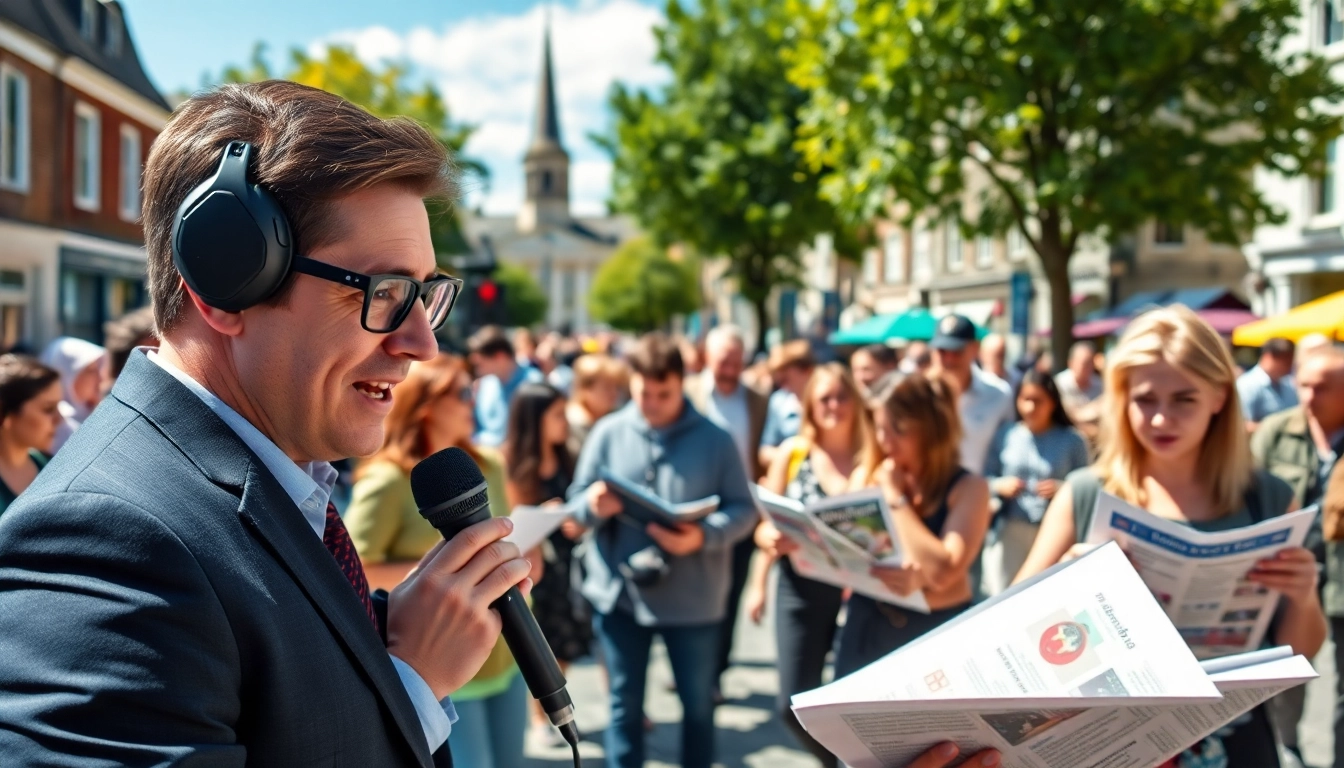 Engaging scene of Wakefield news reporters capturing community stories in a lively town square.