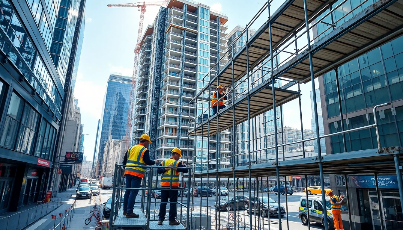 Scaffolding Manchester being expertly assembled by workers in a bustling urban setting.