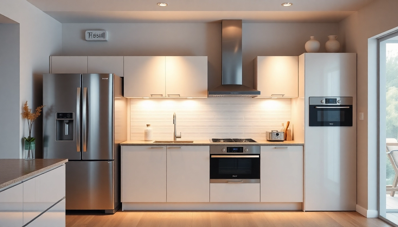 Showcasing бяла техника in a stylish kitchen, emphasizing modern appliances like a refrigerator and stove.