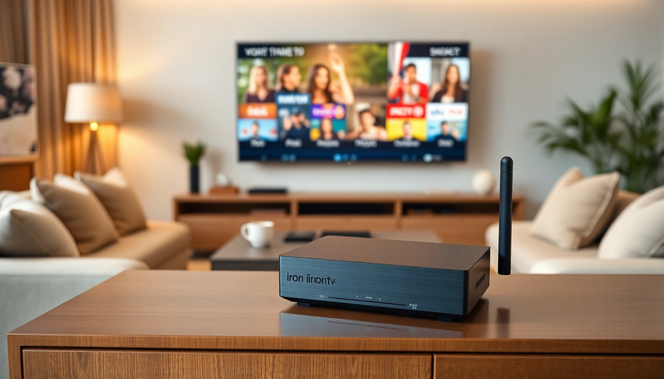 Showcase of the iron tv pro streaming device in a stylish home setting with a modern TV.