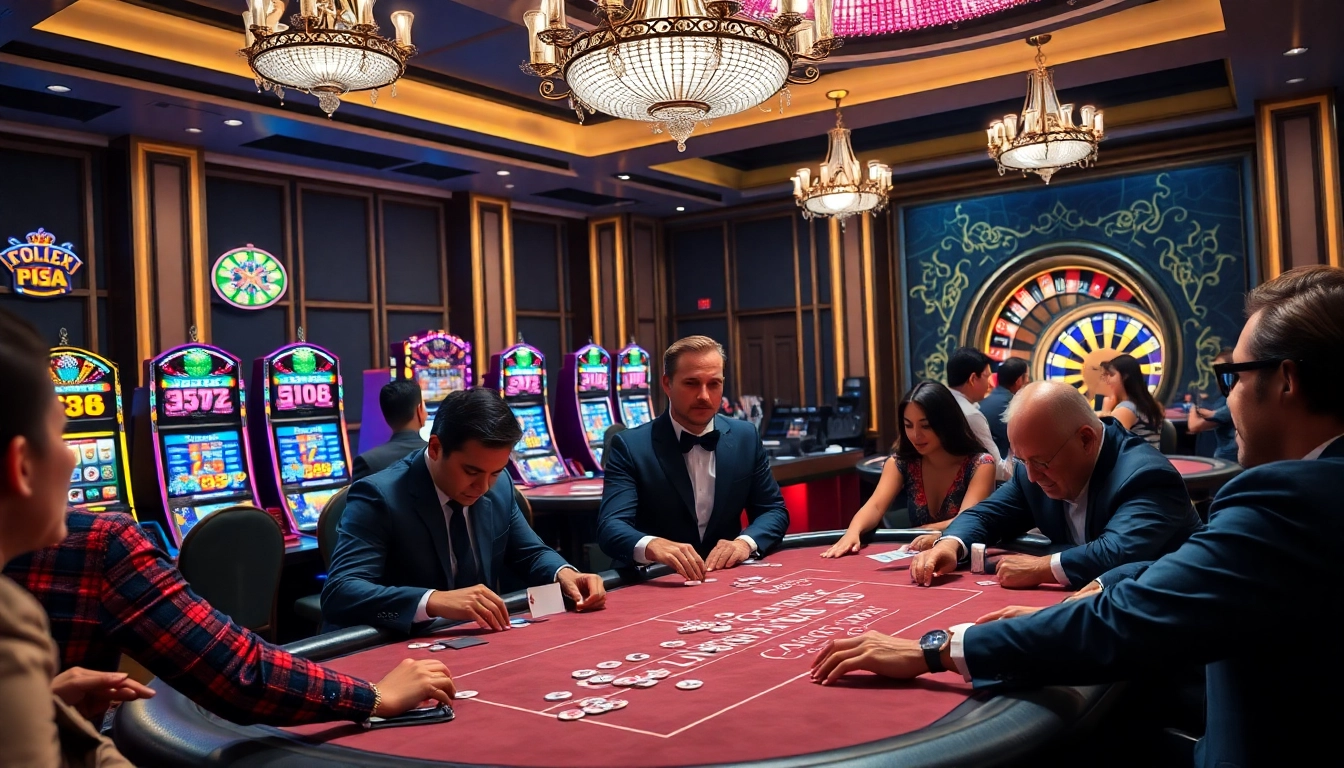 GO8 players strategizing their bets at a luxurious casino poker table.