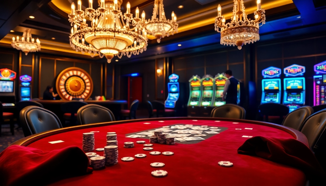Engaged players at F168 poker table with high-quality chips and cards in a luxurious casino atmosphere.