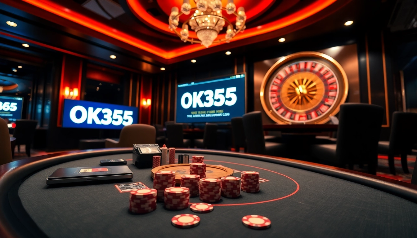 Experience the thrill of gambling at OK365 link with a luxurious casino scene, featuring poker tables and roulette wheels.