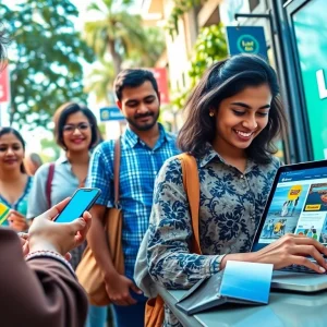 Lanka Ad promotional image featuring diverse people engaging with classified ads in a vibrant Sri Lankan urban setting.