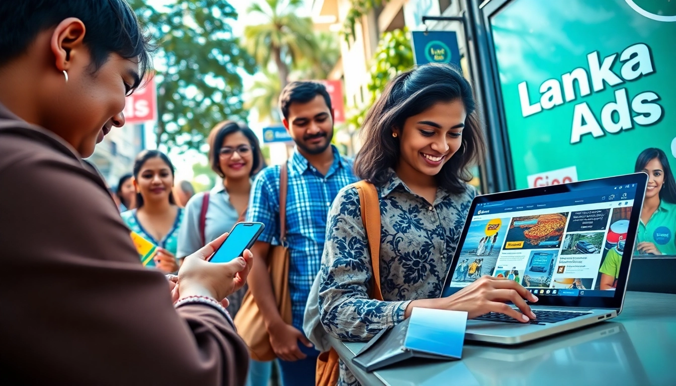Lanka Ad promotional image featuring diverse people engaging with classified ads in a vibrant Sri Lankan urban setting.