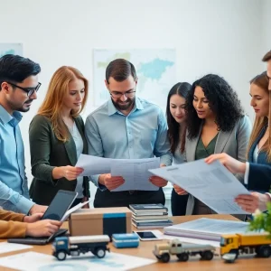 Księgowość dla firmy transportowej w nowoczesnym biurze, gdzie księgowi współpracują nad dokumentami finansowymi.