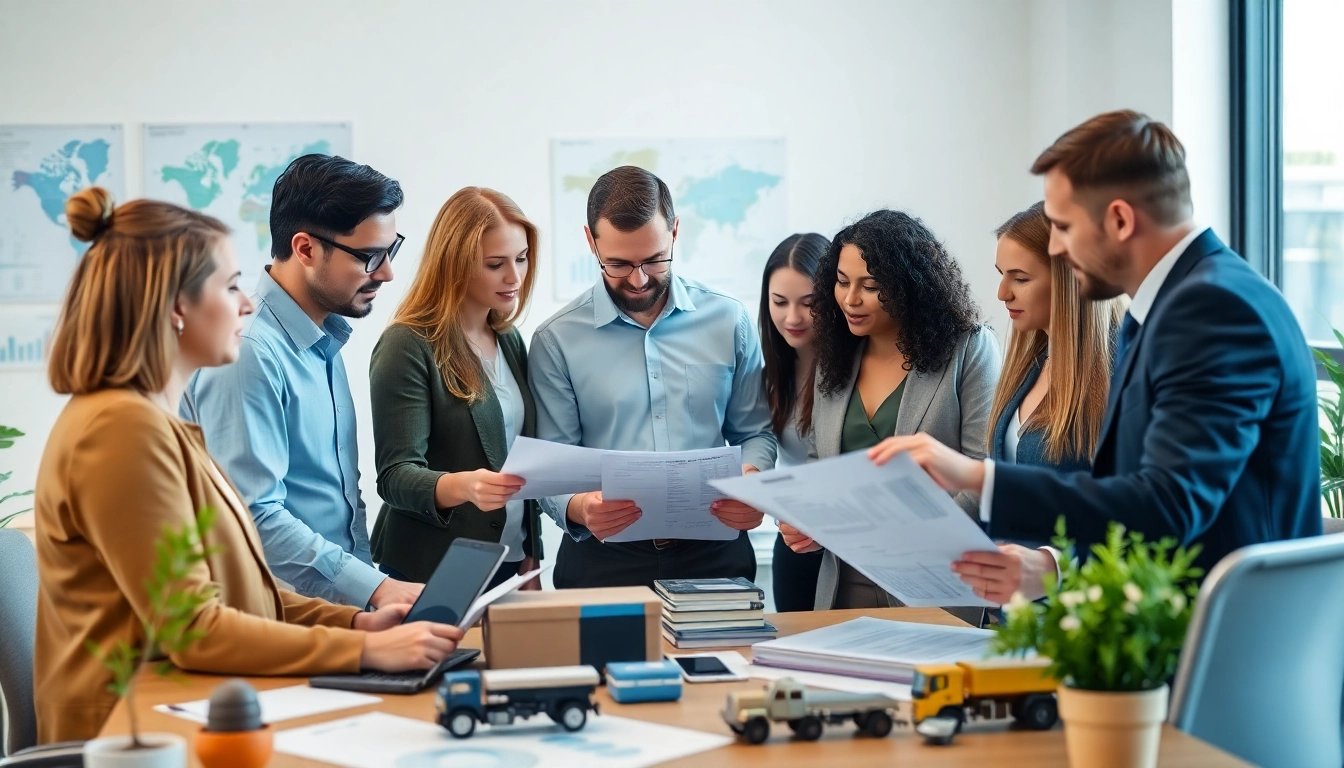 Księgowość dla firmy transportowej w nowoczesnym biurze, gdzie księgowi współpracują nad dokumentami finansowymi.