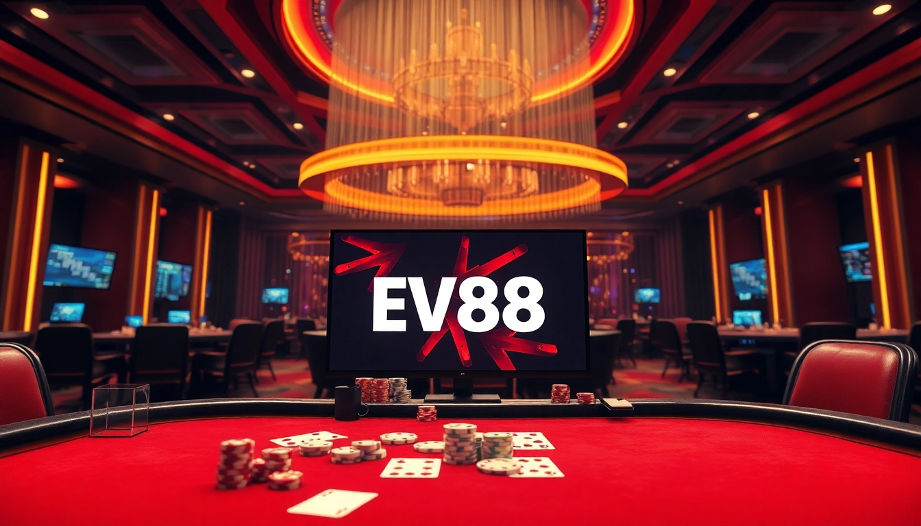 Experience the thrilling EV88 đăng nhập at a luxurious casino table featuring cards and chips.