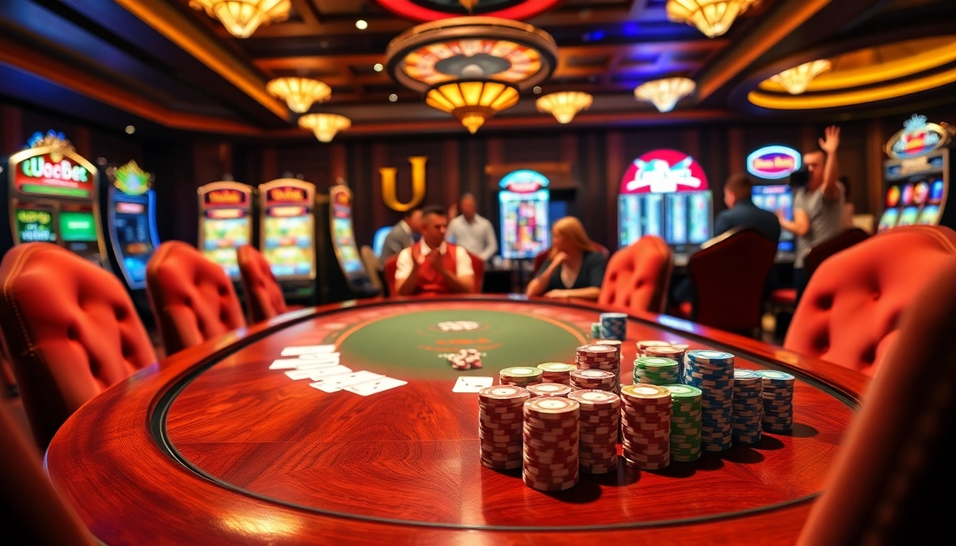 Players enjoying a high-stakes game at a u888bet poker table filled with vibrant chips and cards.