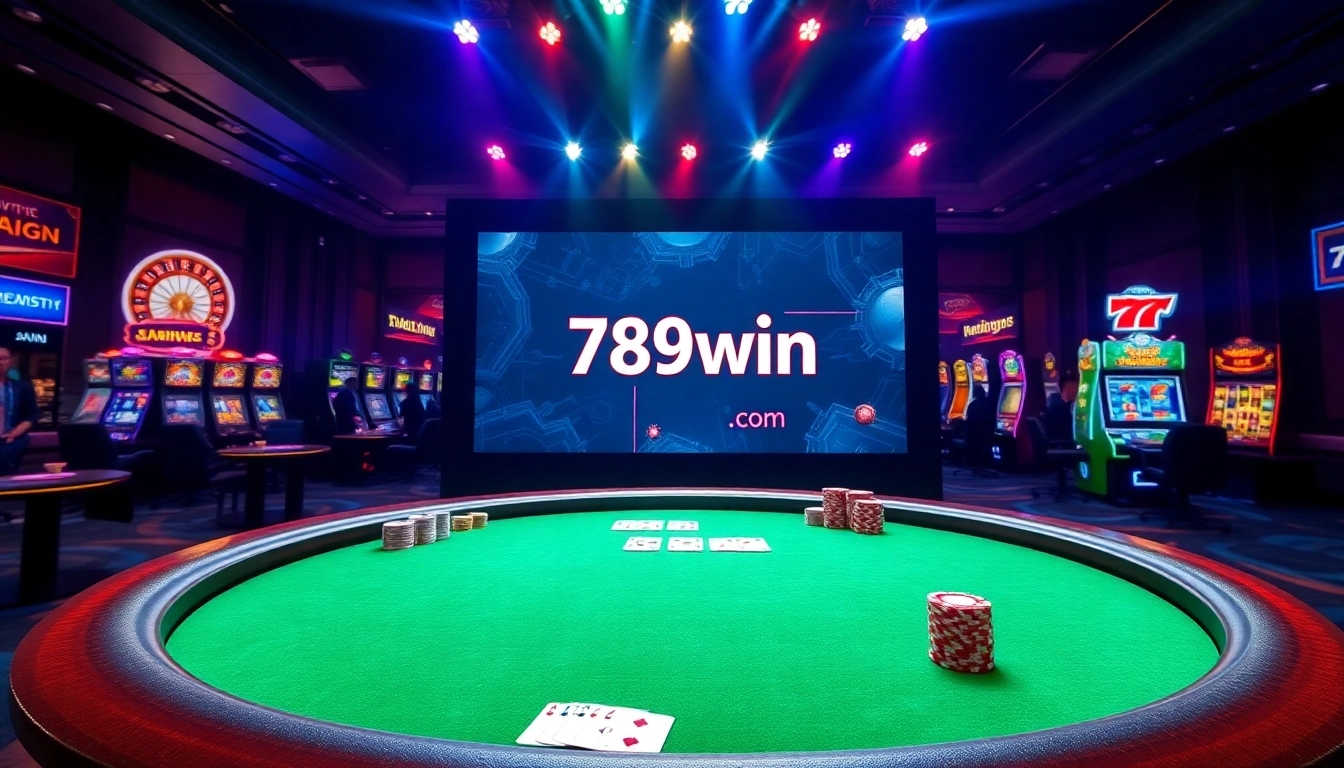 An energetic online gaming scene at 789win.com with poker chips and colorful casino tables, portraying excitement.