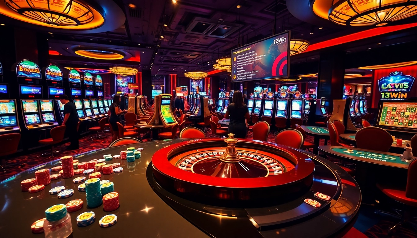 Players enjoying a thrilling game experience at 13Win casino with vibrant poker chips and slot machines.