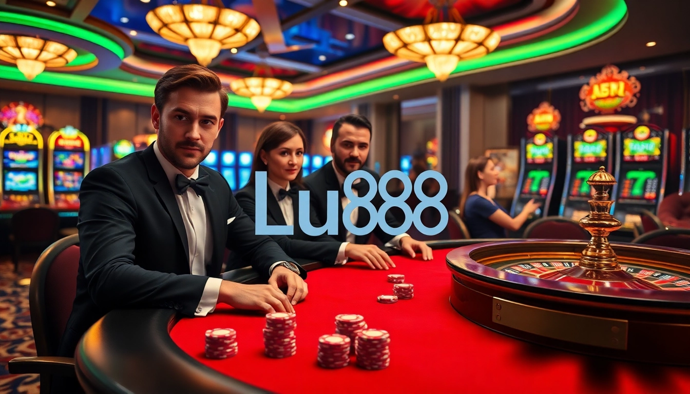 Players engaging in a high-stakes game at Lu88 casino tables, showcasing excitement and luxury.