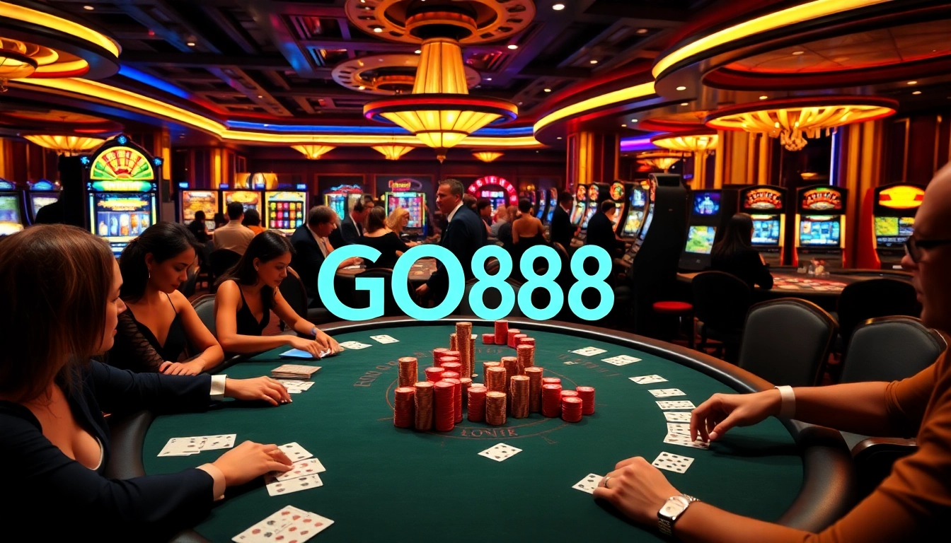 Players enjoy the thrill of GO88 at a luxurious casino table with poker chips and cards.
