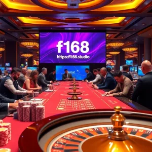Exciting casino gaming scene at https://f168.studio/, featuring lively table games and roulette wheels.