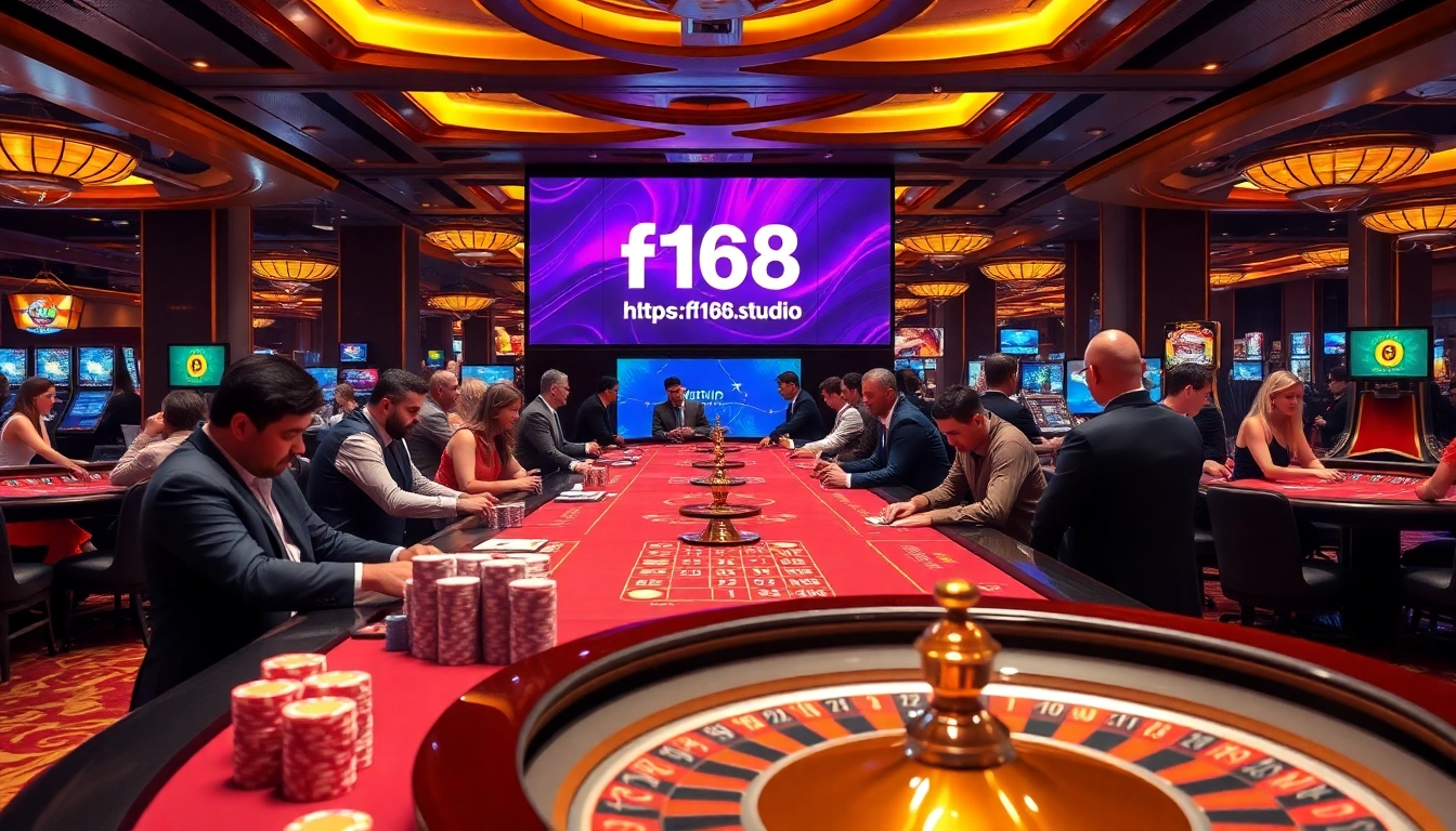Exciting casino gaming scene at https://f168.studio/, featuring lively table games and roulette wheels.