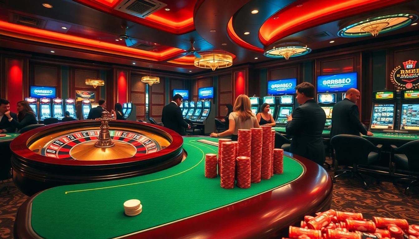 Winning moments at the casino featuring a vibrant scene of gamblers enjoying games at https://rr88.lat/ with cards and chips.
