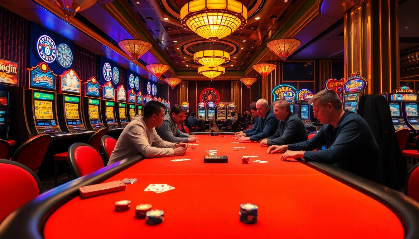 Experience the thrill of OK8386 at a luxurious poker table with vibrant lights and engaging players.