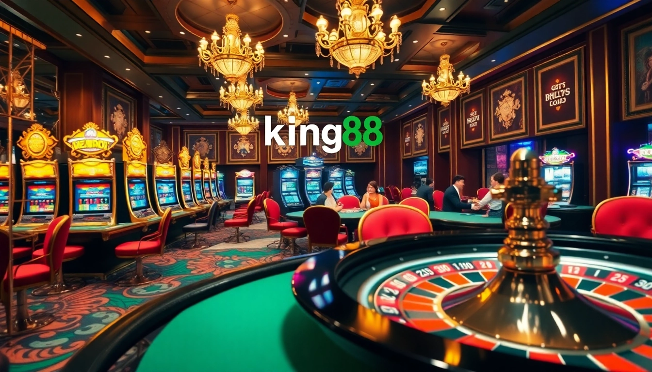 Players winning big at king88's vibrant casino with slot machines and roulette.