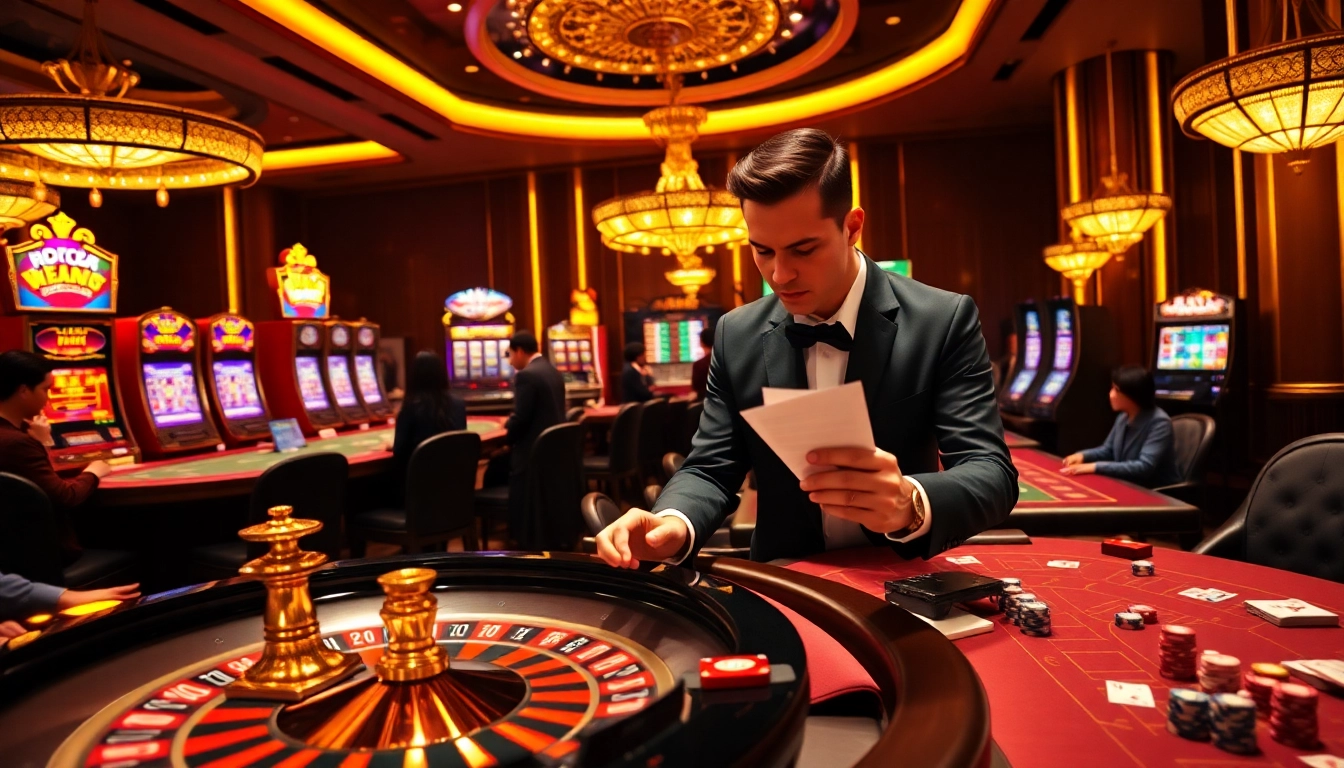 Engage with exciting gambling actions at KJC, featuring a luxurious casino scene with vibrant slots and poker tables.