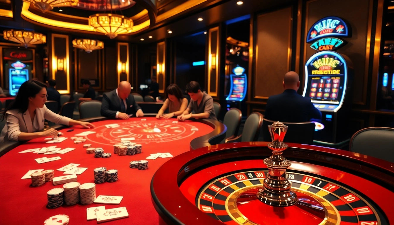 Experience the thrill of gaming at KJC's luxurious casino tables with poker chips and roulette wheels.