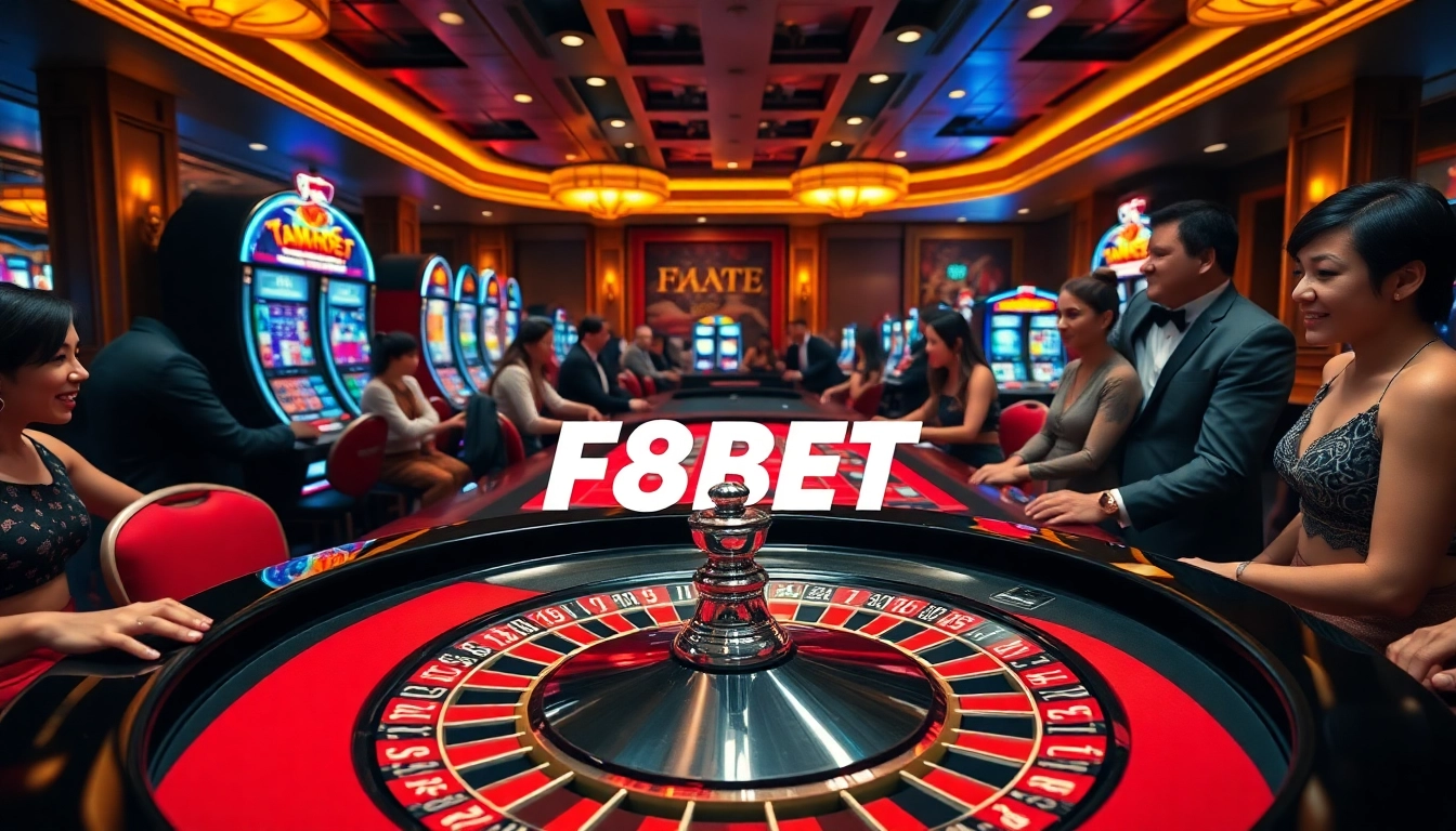 Players enjoying excitement and luxury at the F8BET gambling table with vibrant poker chips.