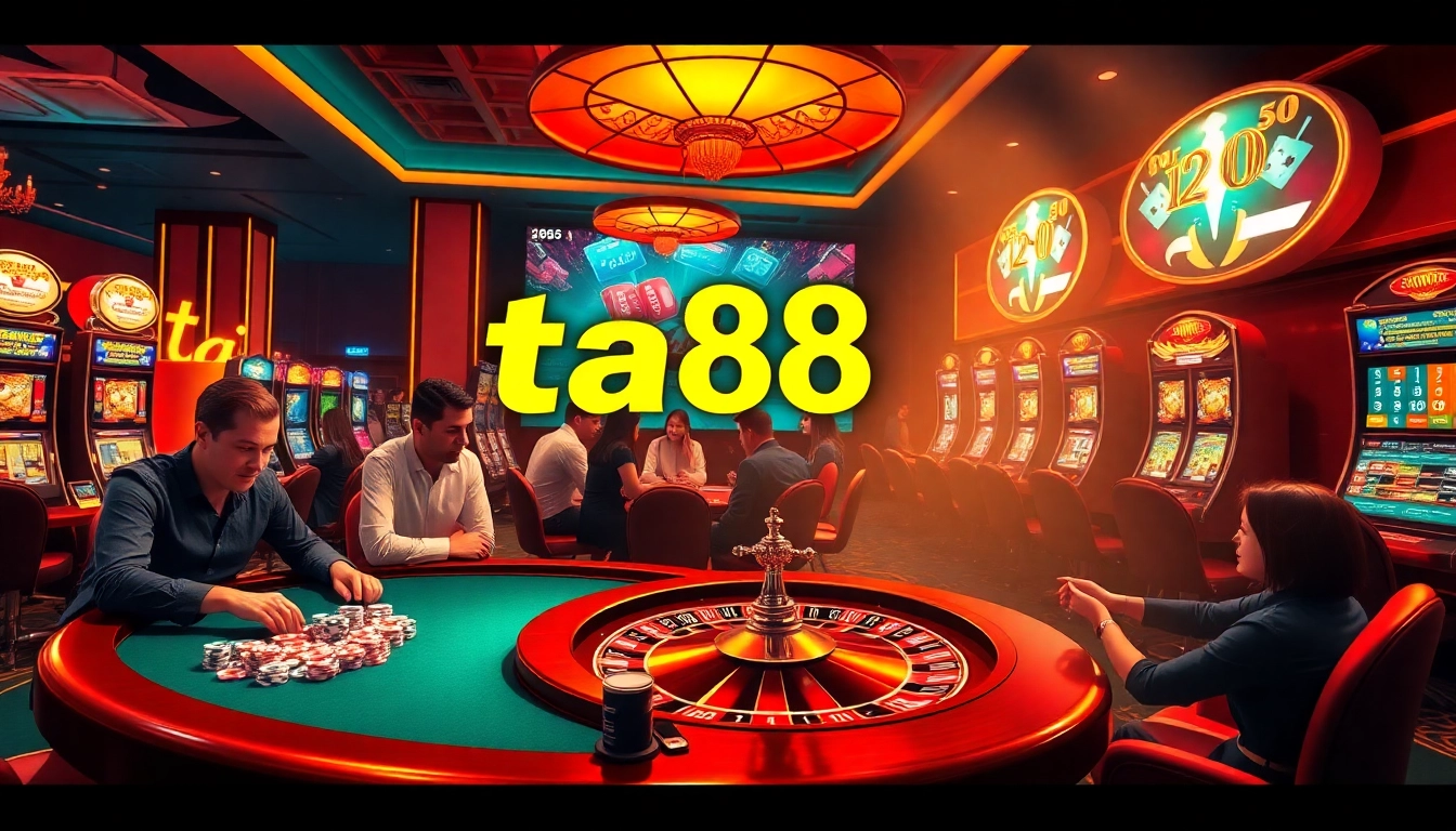 ta88 gambling scene with vibrant casino tables, players engaged in betting, and luxurious ambiance.