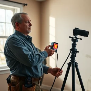 Professional technician conducting hidden leak detection with advanced technology in a residential setting.