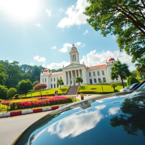 Car rental in Kuching Sarawak: Sleek vehicle parked amidst lush greenery and iconic landmarks.