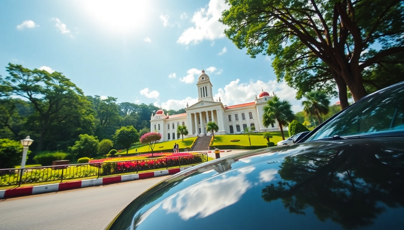 Car rental in Kuching Sarawak: Sleek vehicle parked amidst lush greenery and iconic landmarks.