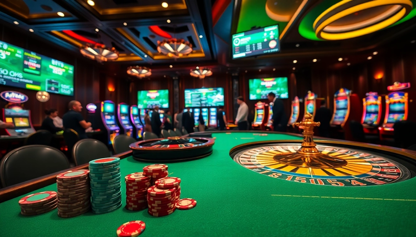 Exciting gaming action at SV88, featuring roulette wheels, poker chips, and slot machines.