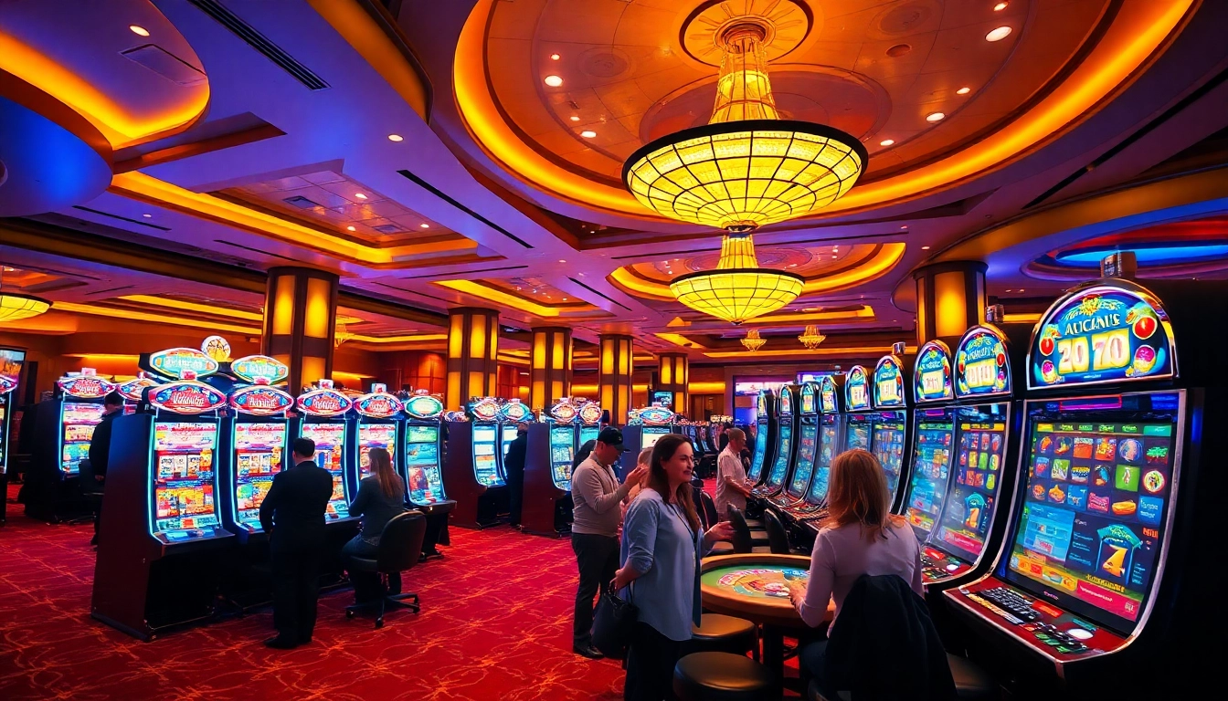 Players enjoying doaslot machines in a vibrant casino atmosphere with illuminated tables.