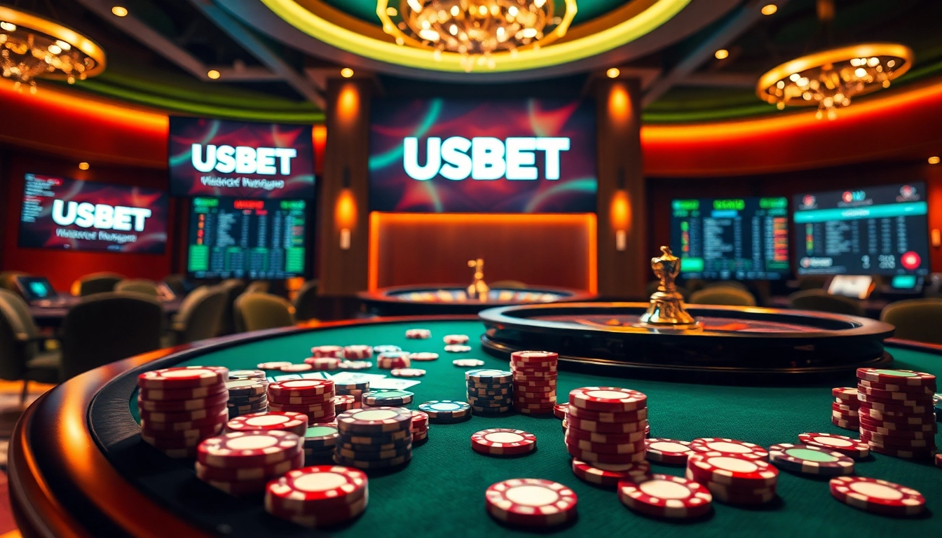 Experience thrilling gameplay with USBET at a luxurious casino table filled with cards and poker chips.