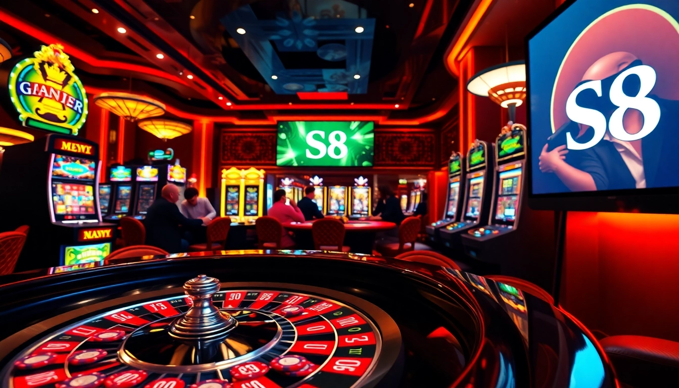 Players enjoying a lively game at S8 Casino, surrounded by roulette tables and slot machines.