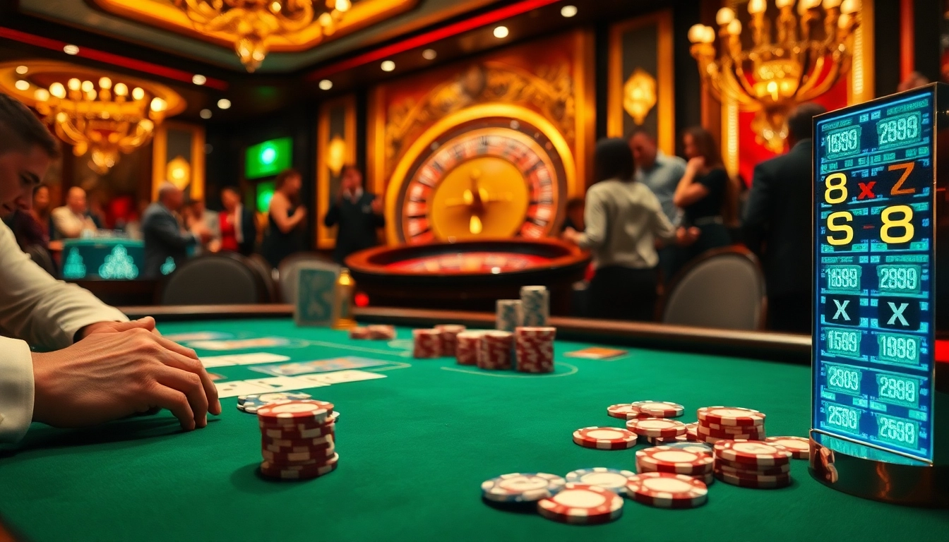 Engage in the thrilling atmosphere of a casino with s8-inspired poker action, vibrant chips, and roulette.