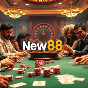 Experience the thrill of new88 with vibrant poker gameplay at a luxurious casino table.
