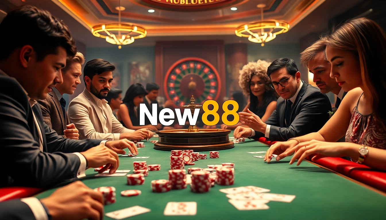 Experience the thrill of new88 with vibrant poker gameplay at a luxurious casino table.